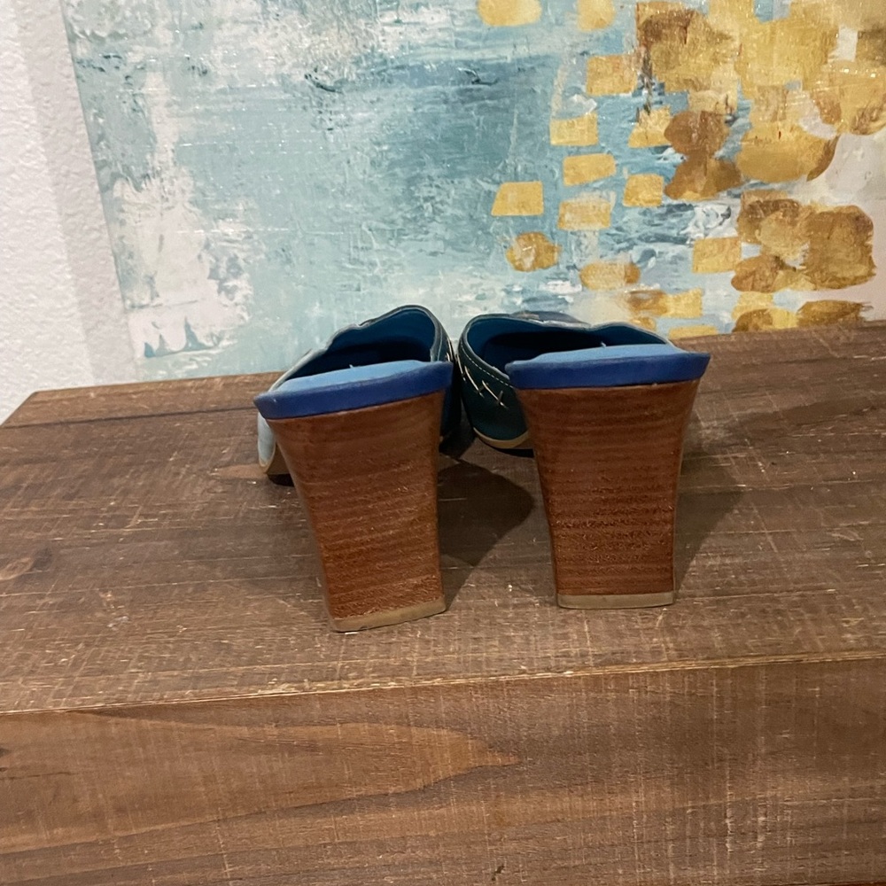 Danelle Blue Patchwork Square Toe Mule Heels - image 4